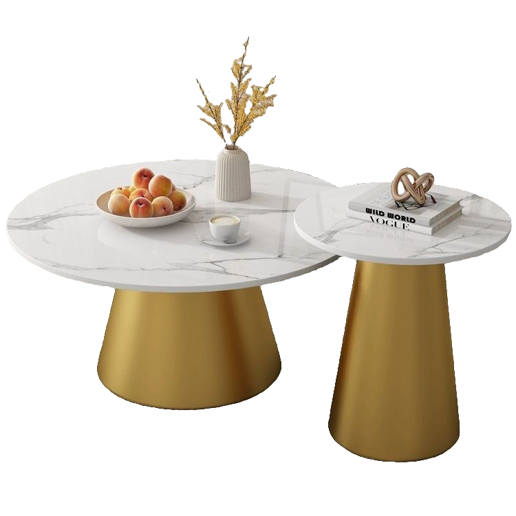 金底轻奢现代岩板圆形茶几高低组合客厅家用小户型桌子简约台铁艺