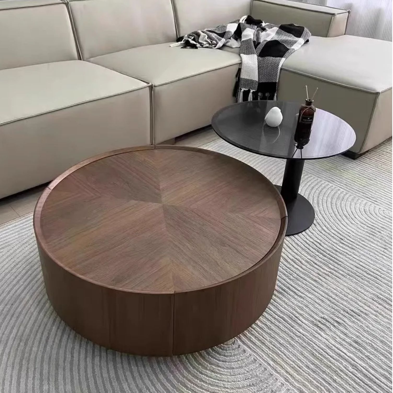 轻奢茶几胡桃木皮储物家用创意简约北欧圆形落地个性极简酒店意式