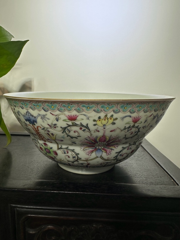 瓷器摆件粉彩福寿缠枝花卉纹折腰碗