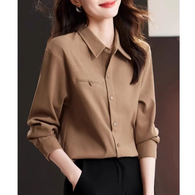dhini磨毛打底衬衣加厚秋2023秋冬季长袖衬衫女翻领宽松叠穿内搭