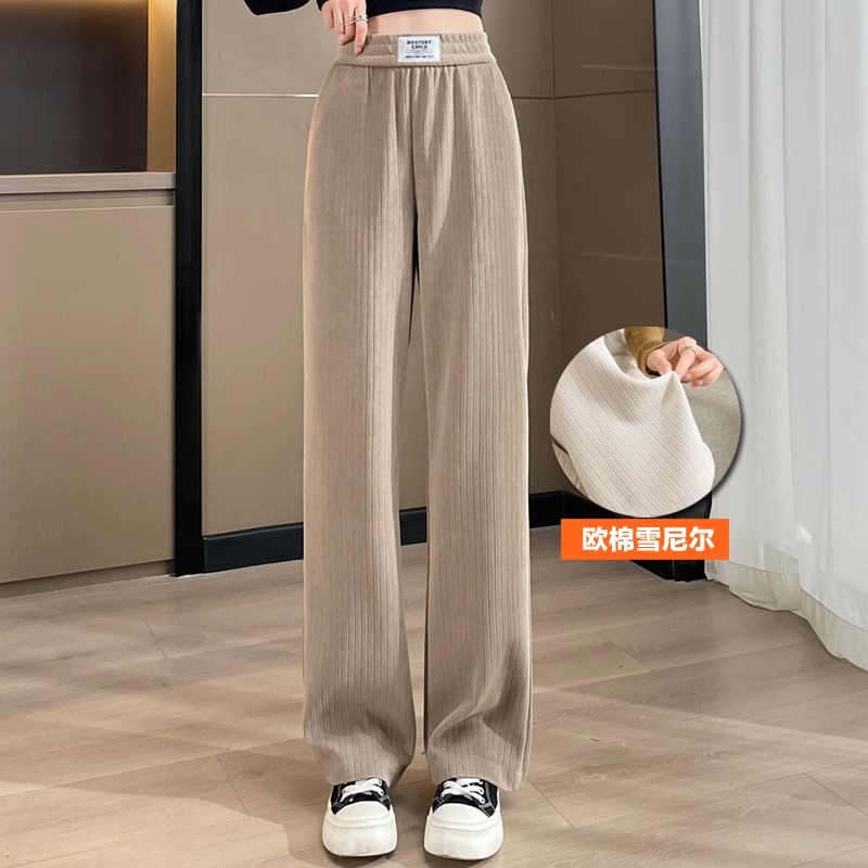 dhini雪尼尔阔腿裤女2023款秋冬高腰卡其色窄版直筒裤加绒裤子女