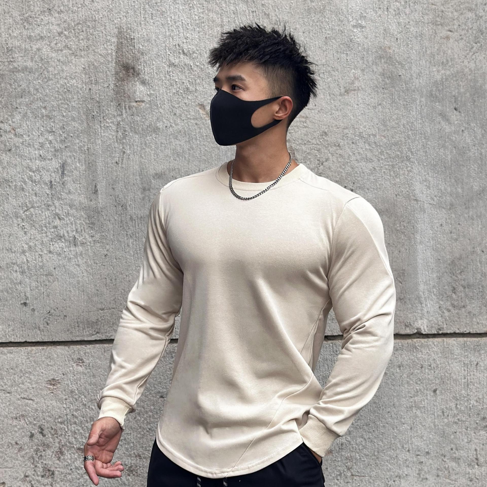 秋冬季潮牌纯色拼接健身训练长袖男休闲卫衣跑步打底重磅运动T恤