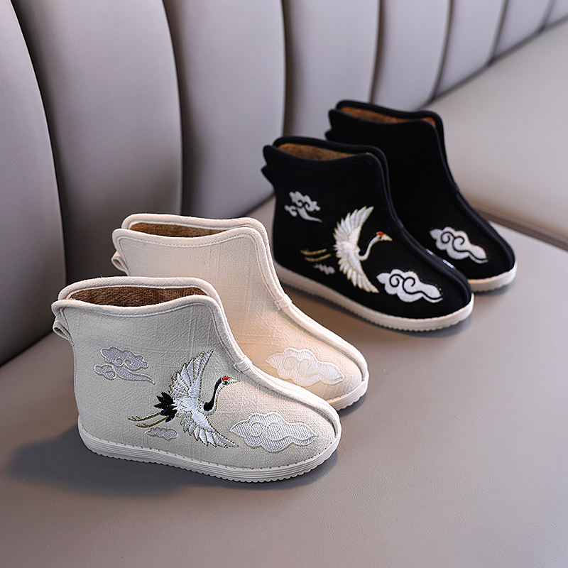 古风布鞋男童老北京汉服鞋子古装棉鞋冬季表演拜年加绒棉花鞋短靴