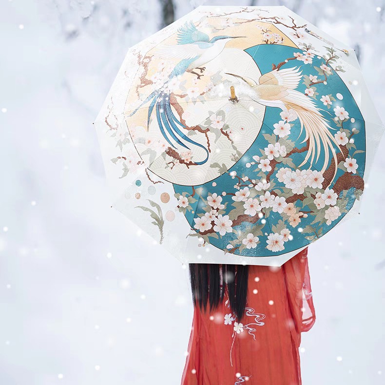 真竹十骨中式直柄国风伞印花加厚彩胶隔热防晒防紫外线晴雨两用伞