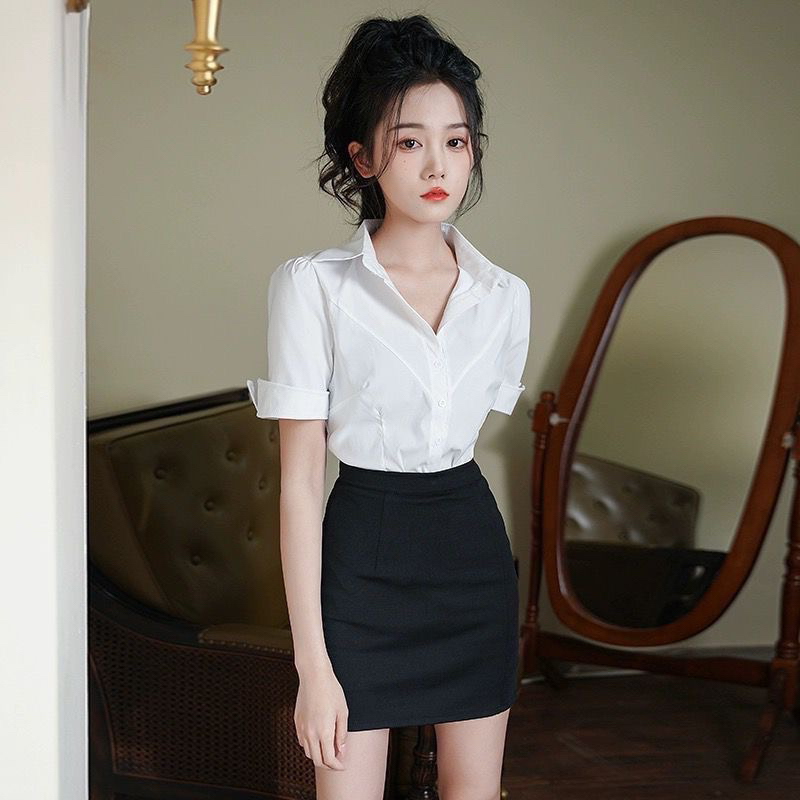 设计女装减龄小众Polo领制服修身衬衣+高腰包臀裙职业装两件套潮
