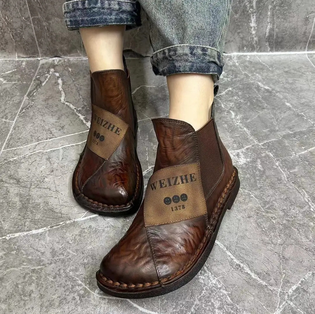 8988-111秋冬季新款复古拼色牛皮平底舒适百搭休闲民族风女短靴