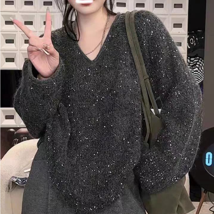 聚会战袍秋冬季v领亮片ins气质韩版长袖针织衫毛衣女时尚宽松上衣