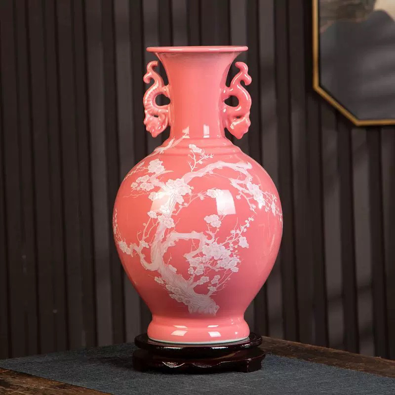 景德镇陶瓷器手绘粉色花瓶插花中式家居客厅玄关装饰品电视柜摆件