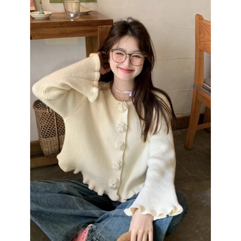 法式奶系甜美花朵毛衣外套女2024春秋宽松针织开衫显瘦超好看上衣
