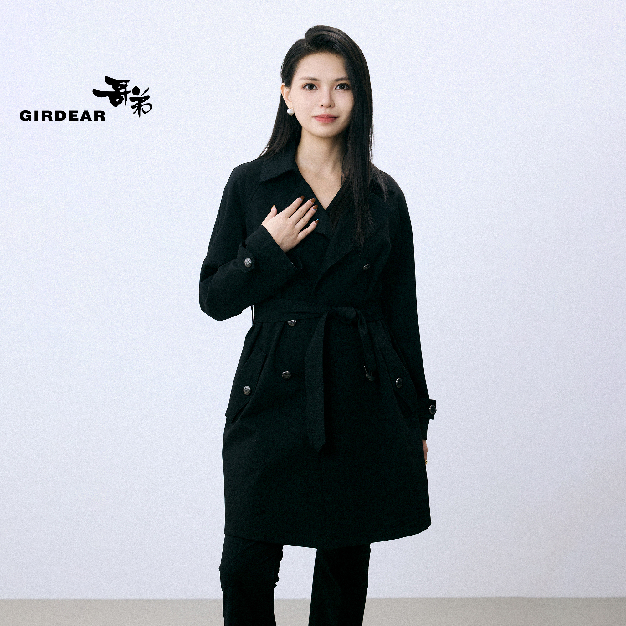 GIRDEAR/哥弟气质双排扣英伦显瘦中长款收腰风衣1400666-4246711-