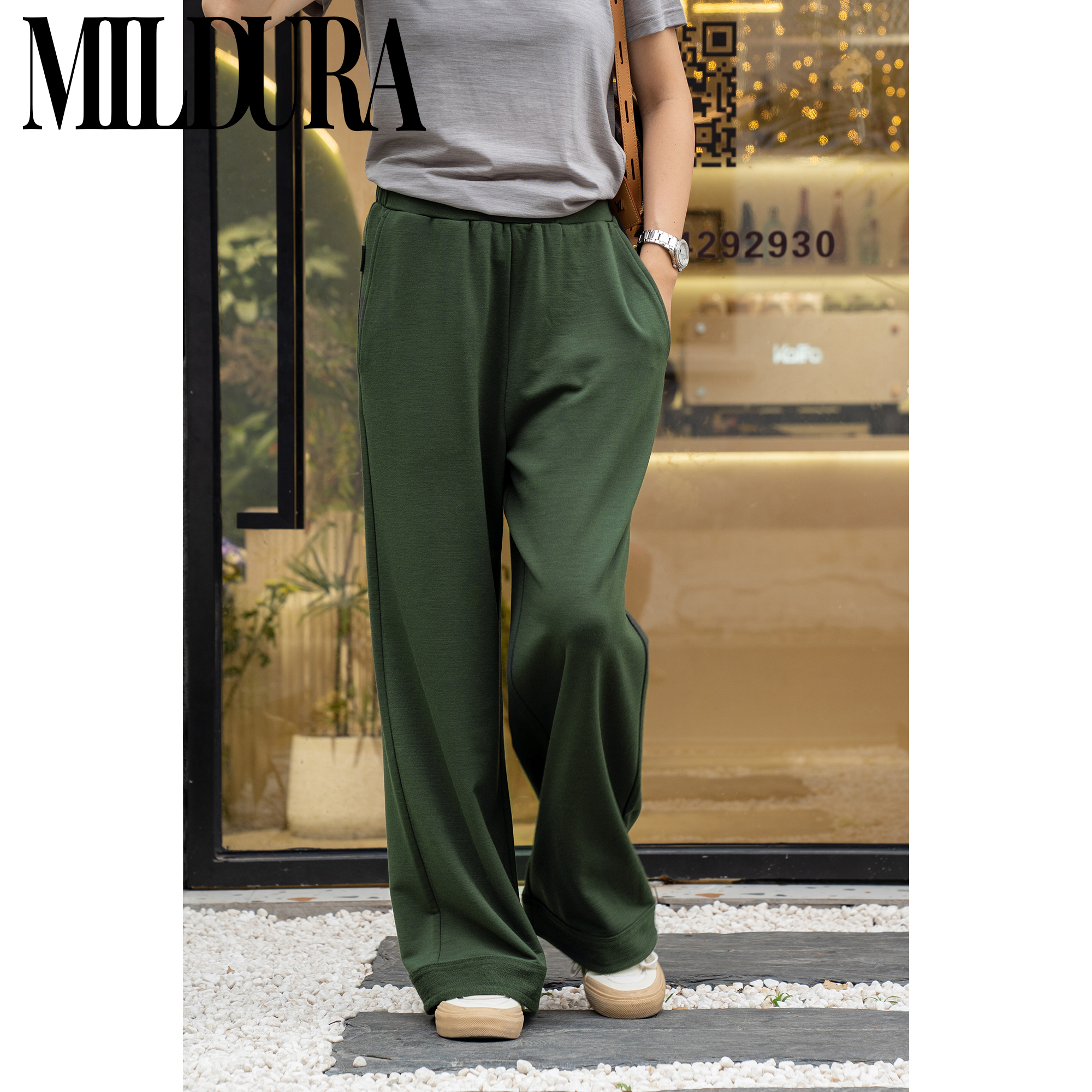 MILDURA280g毛圈针织弹力坠感高腰阔腿裤休闲纯色秋冬抽绳透气