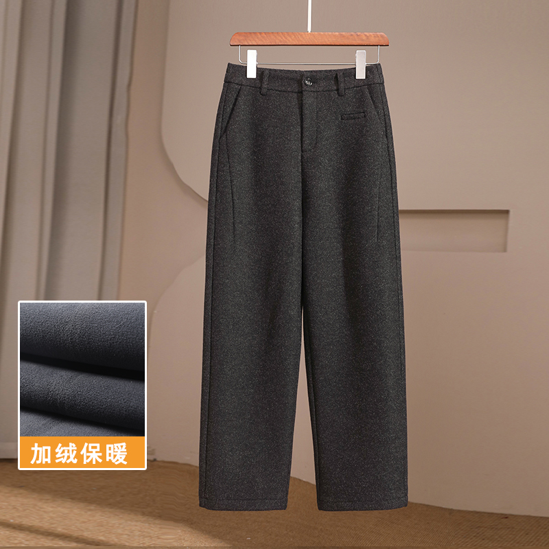 雪花呢加绒加厚女冬保暖宽松高腰显瘦毛呢休闲靴裤镰刀哈伦裤子
