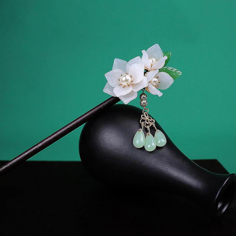 铜合金木质发饰 发簪古风女盘发木簪子复古发钗流苏步摇白茶