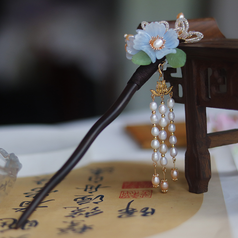 【涵悦】古风头饰日常超仙手工简约古典黑檀木满若