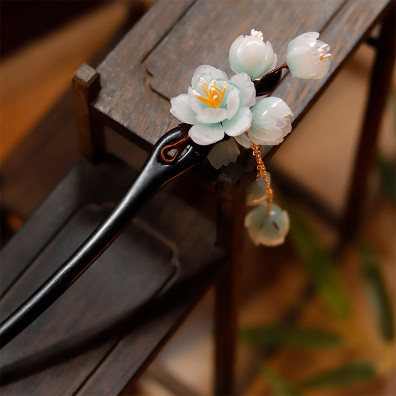 蓝樱黑檀木发簪流苏盘发古典盘发旗袍汉服发饰