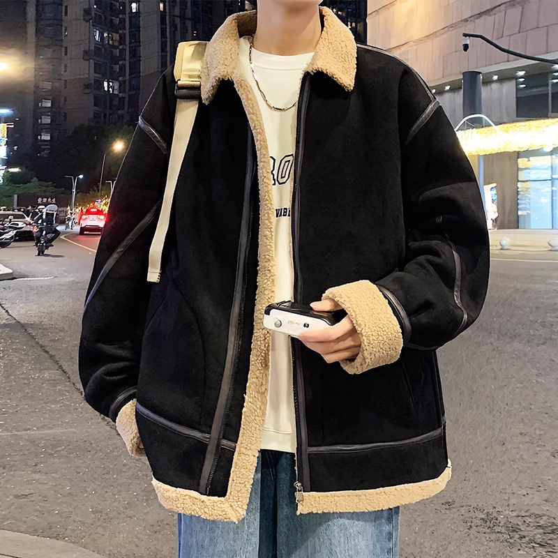 OUW棉服外套男款冬季加绒加厚羊羔毛工装棉衣夹克保暖晋江棉袄子