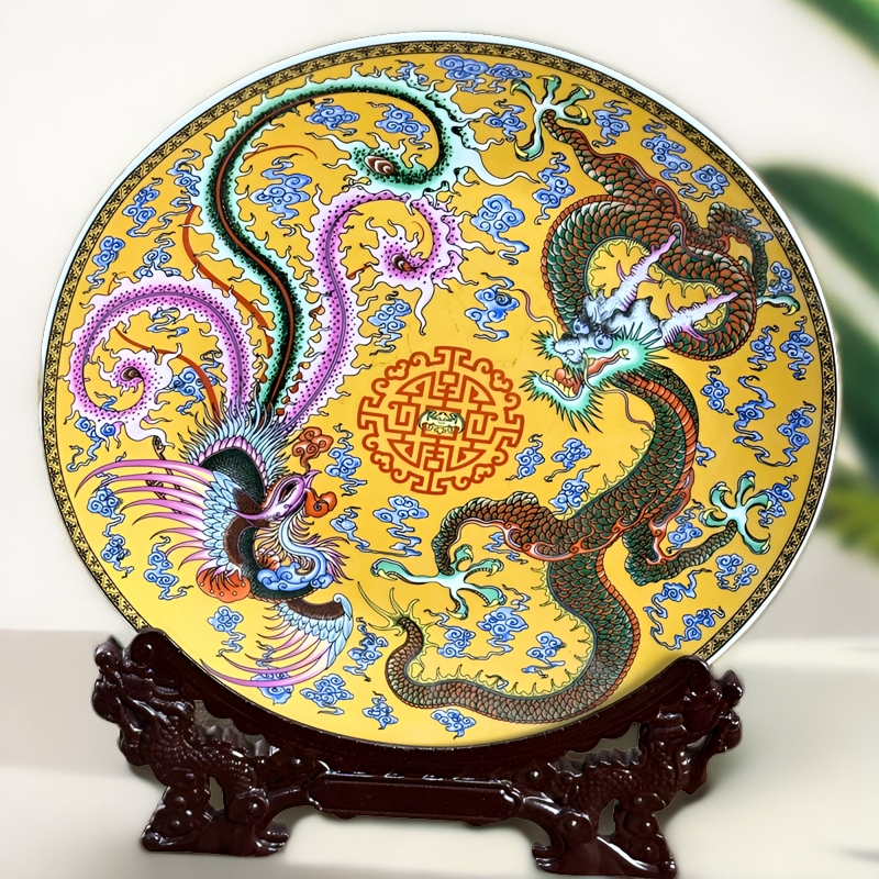 景德镇陶瓷器挂盘 装饰中式客厅酒柜摆件工艺品龙凤呈祥陶瓷送礼