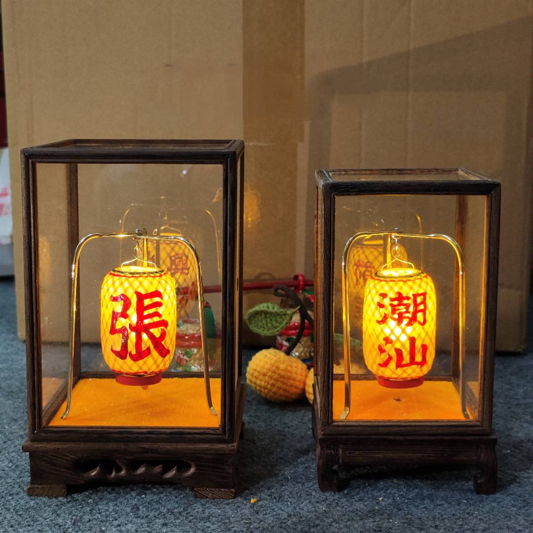 传统潮汕高灯中秋春节迷你竹编油纸灯笼发光烛台摆件--文字可定制