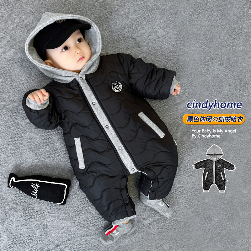 婴幼儿冬装连体衣棉服洋气连帽加绒加厚无骨哈衣爬爬服新生儿