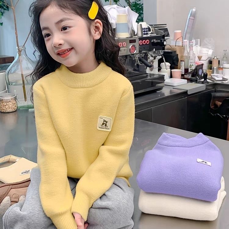 女童加绒加厚不起球毛衣冬季新款套头针织儿童冬装一体绒打底衫