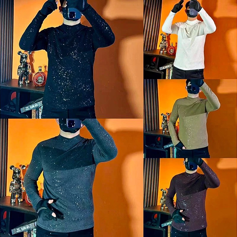 2024冬季长袖半高领5色满天星网红时尚潮流百搭男士加厚内搭9909