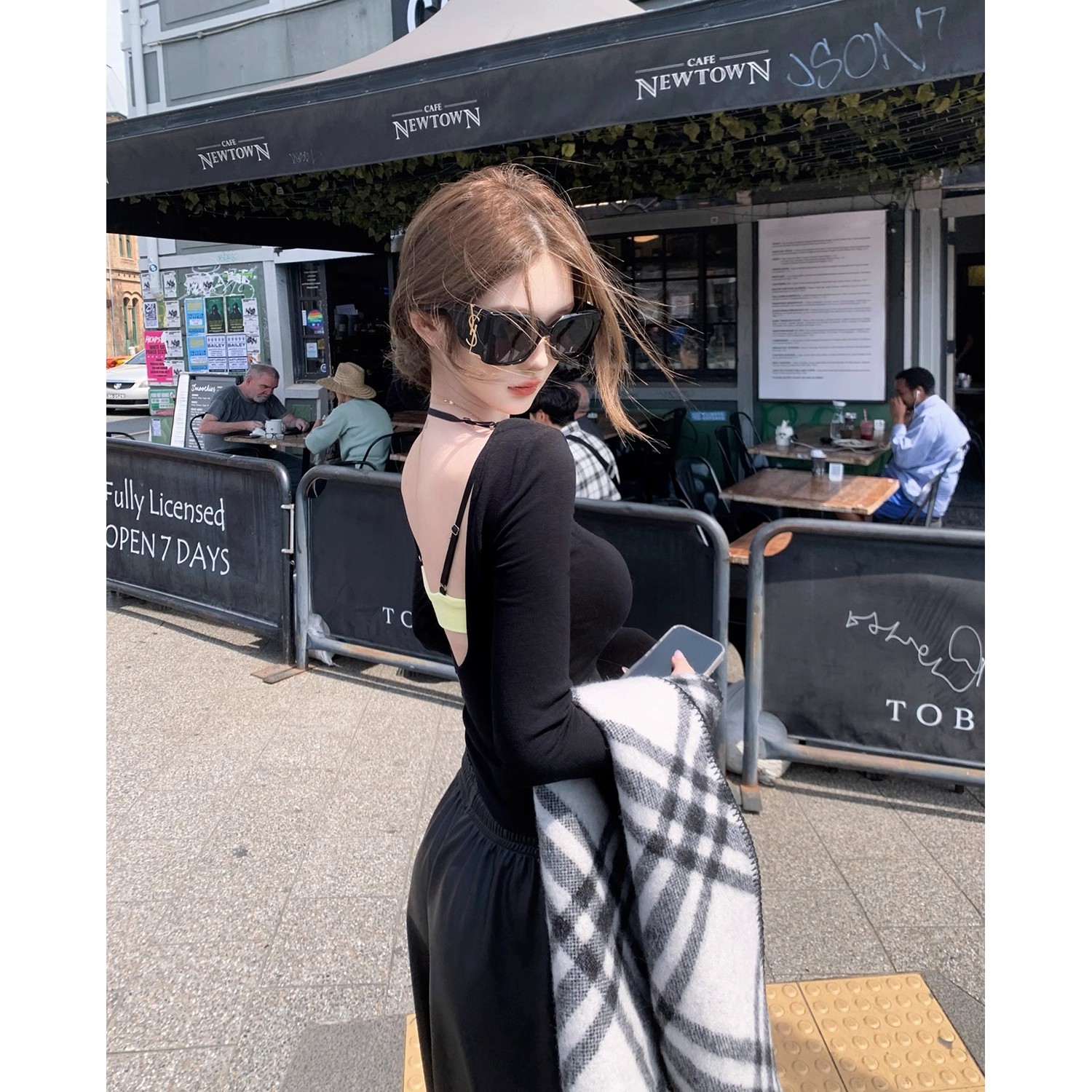 露背假两件上衣修身小心机t恤女设计感长袖内搭/高腰松紧裤子