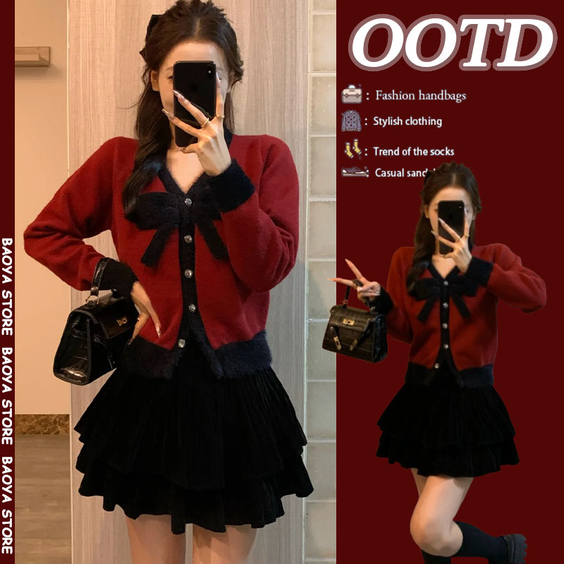 2024秋冬新款圣诞新年红色V领蝴蝶结针织开衫百搭蓬蓬短裙两件套