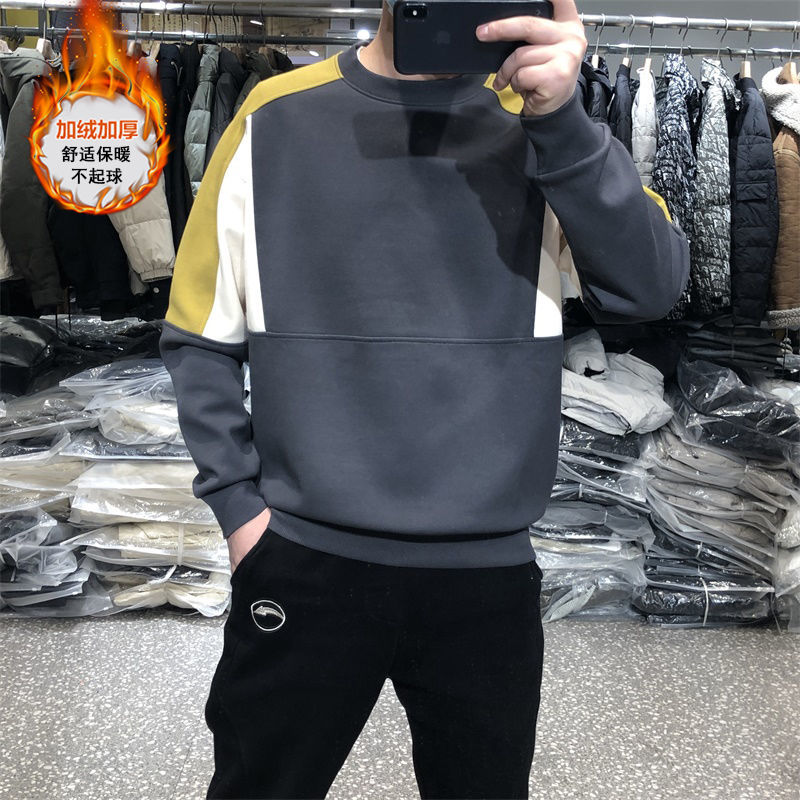 以纯秋冬男士加厚加绒卫衣韩版潮流帅气拼接撞色落肩上衣百搭圆领