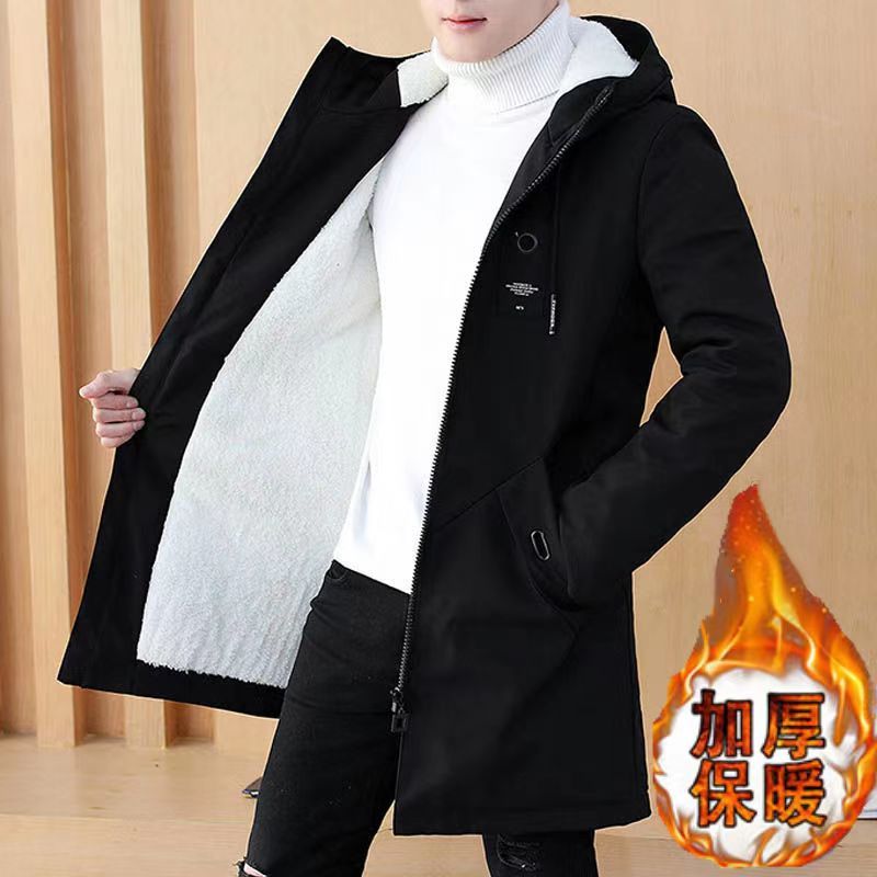 以纯男士中长款羽绒服冬季羊羔绒羽绒服韩版修身加绒棉袄学生加厚