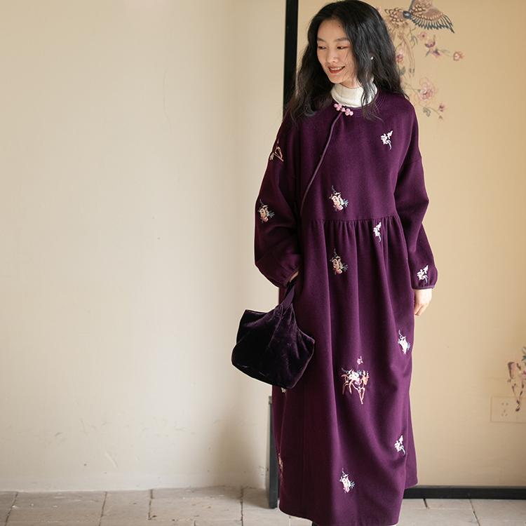 牧衣游原创 匹绣进口澳毛呢连衣裙女新款宽松软糯细腻长裙 小趣