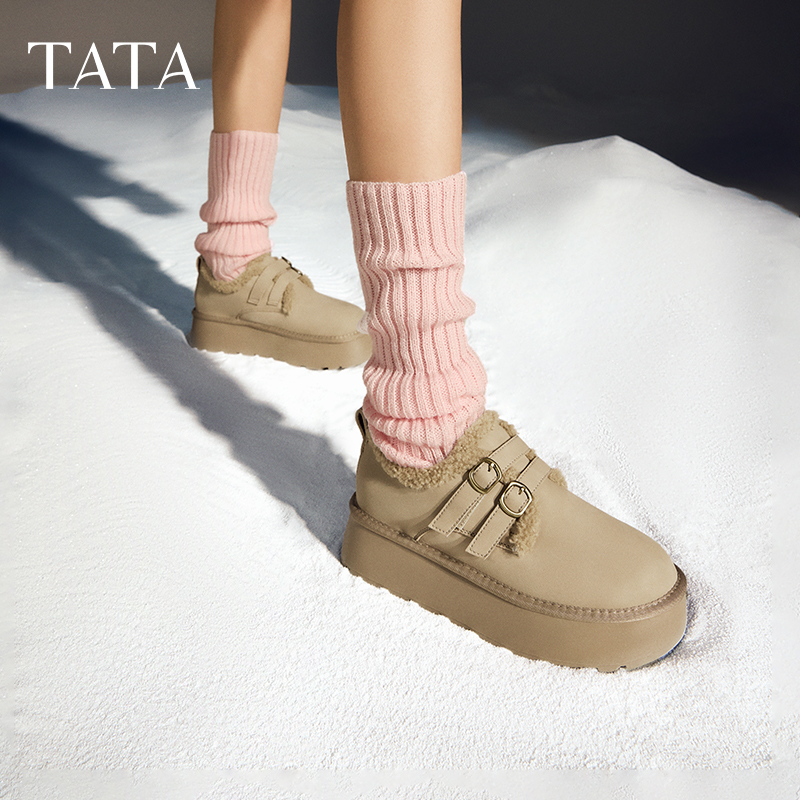 TATA他她复古厚底勃肯鞋女鞋加绒保暖单鞋毛毛鞋雪地靴冬WDX24DM4