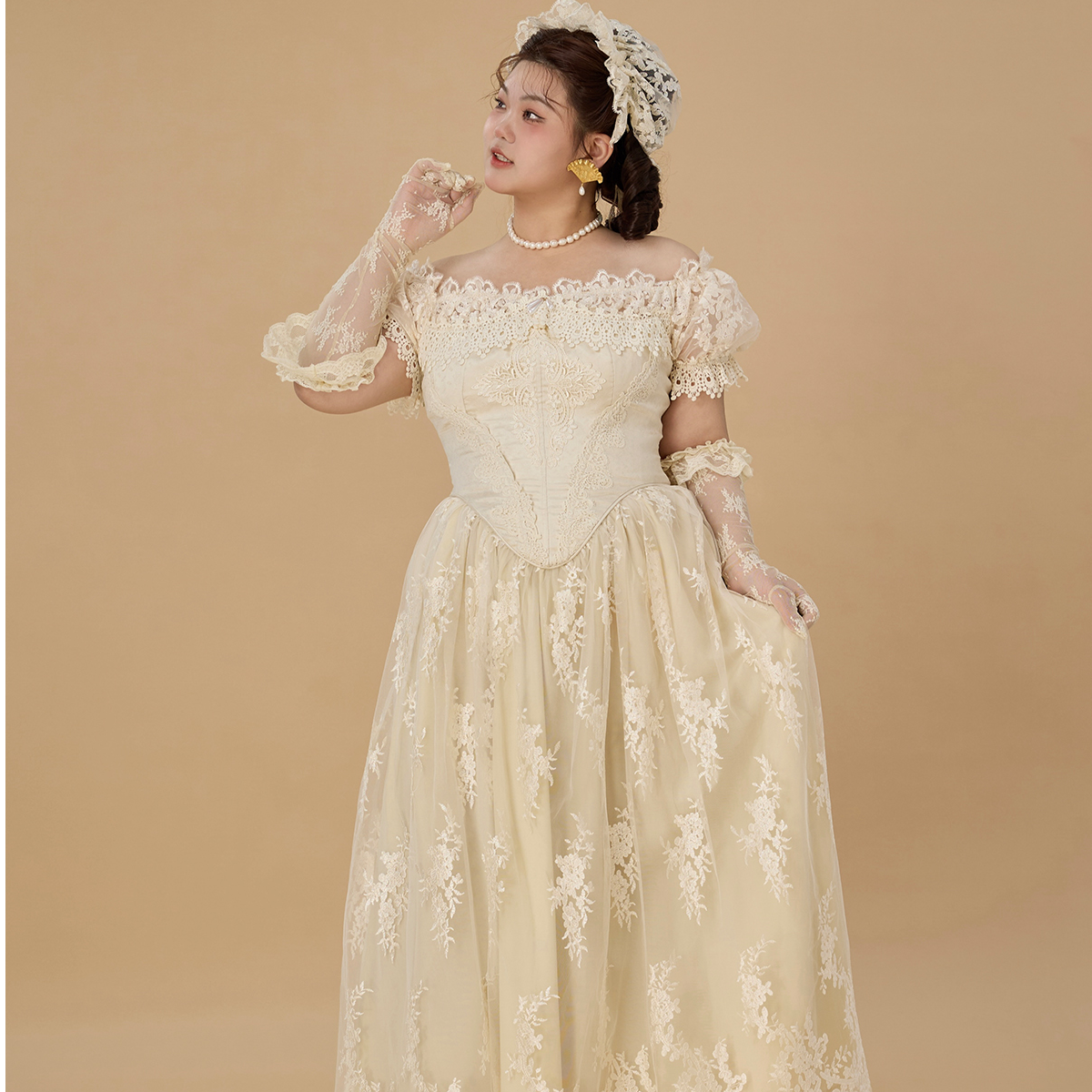 LaceMade大码女装【花烛泪】重工蕾丝婚纱礼服连衣裙L242S05042