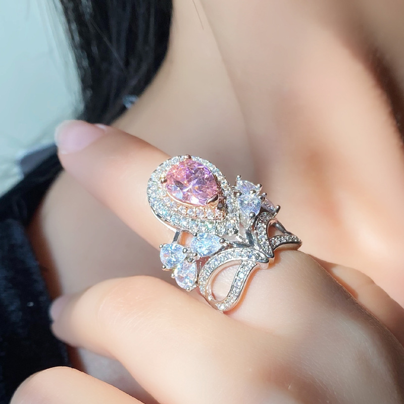 铜合金合成锆石戒指 Mdalo公主粉高级感满钻戒指双色彩宝皇冠指环