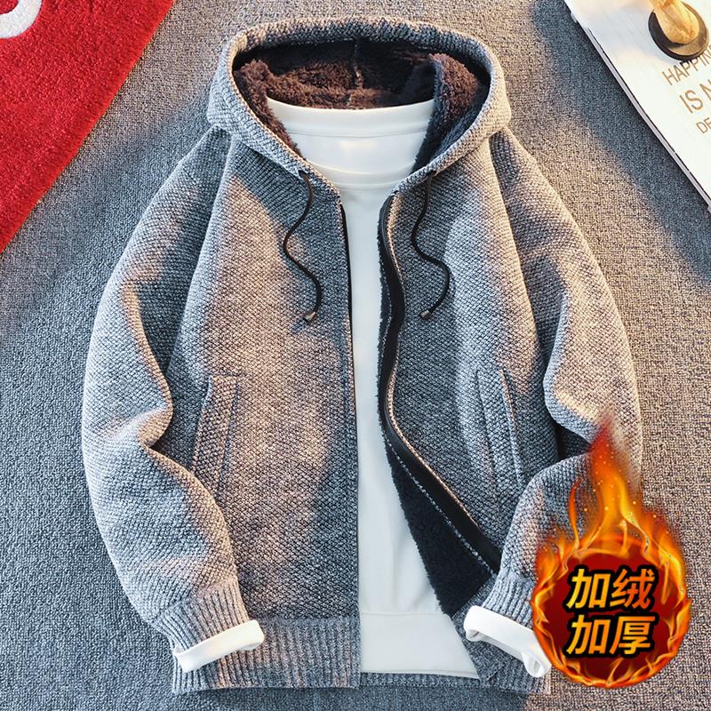 针织开衫外套男秋冬季加绒加厚连帽夹克男士上衣宽松休闲毛衣褂子