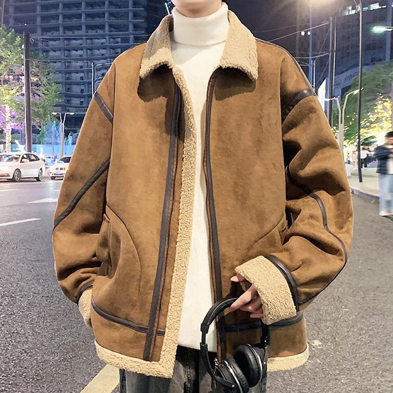 麂皮绒夹克男秋冬款加绒加厚翻领棉衣羊羔绒外套男皮毛一体机车服