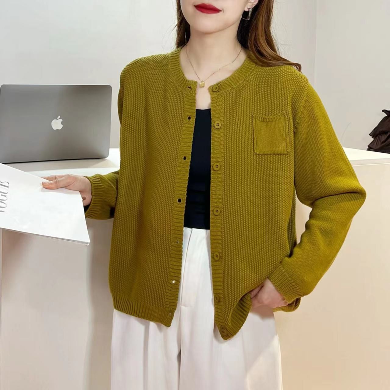 复古棉线长袖针织开衫女纯色百搭宽松韩版休闲时尚外搭长袖针织衫