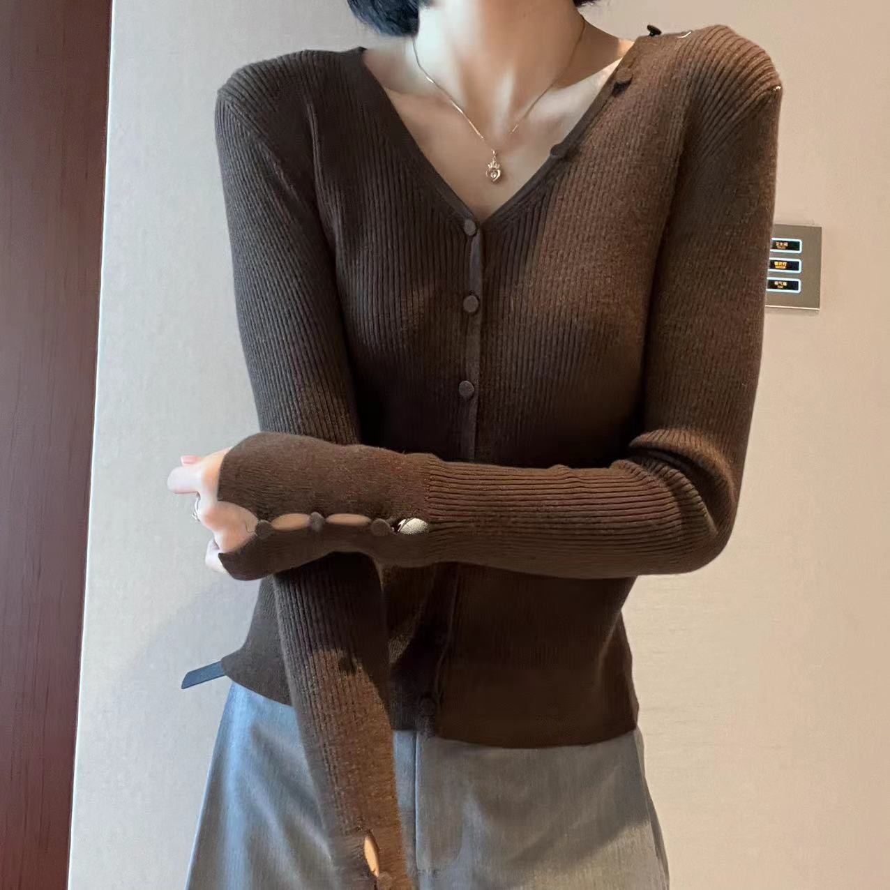 MINGGANG/名港MG22155文艺小香风纯色气质针织开衫上衣毛衣长袖