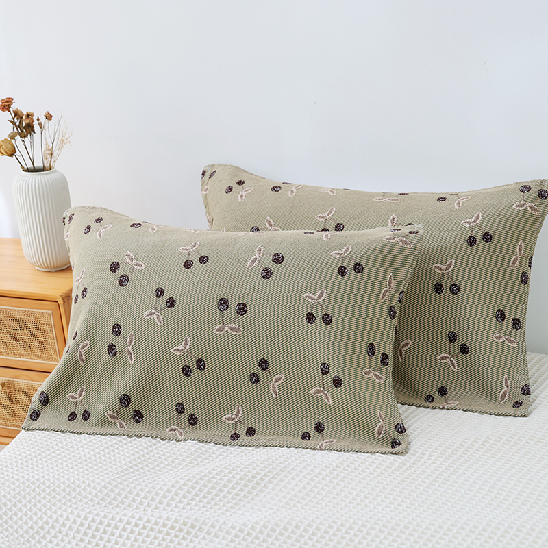 复古樱桃纯棉纱布枕巾一对装家用全棉吸汗透气纱布枕头巾高档绿色