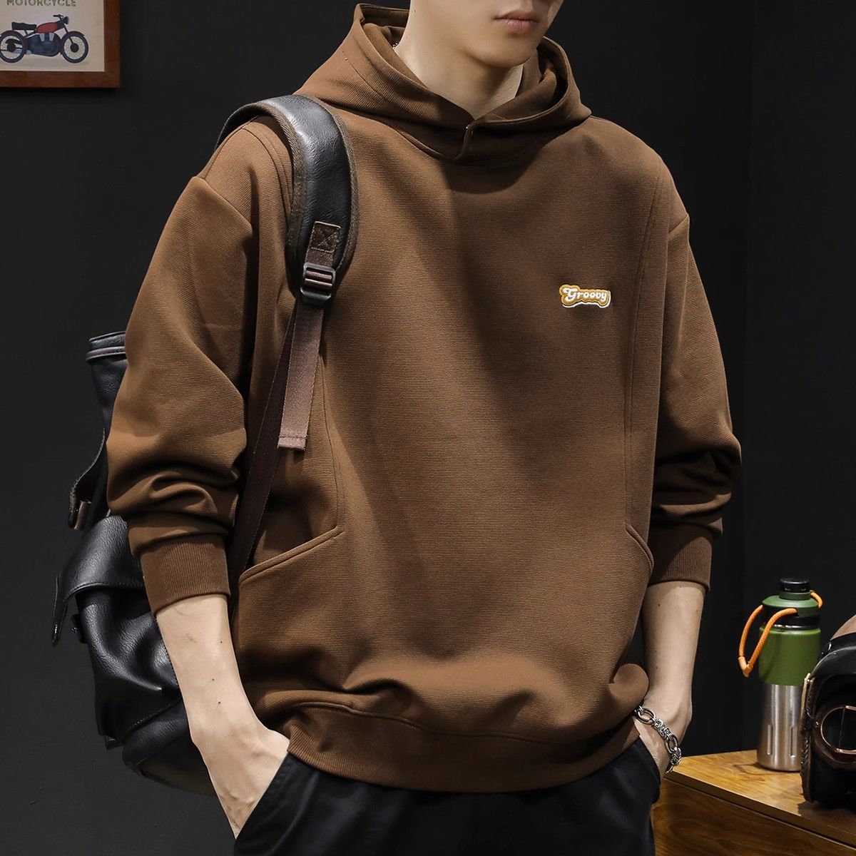 重磅美式潮牌连帽卫衣男秋冬宽松长袖刺绣加绒狐绒加厚复古外套