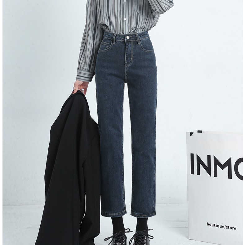 直筒九分牛仔裤2023年秋冬新款高腰小个子弹力修身显瘦窄版烟管裤