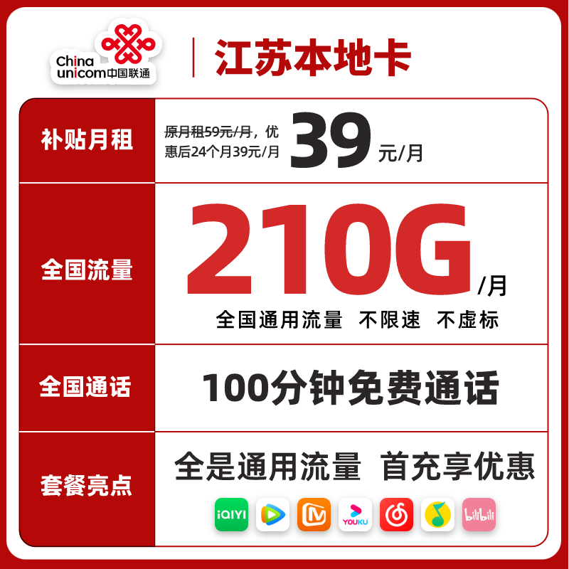 【江苏本地卡】中国联通210G全国通用流量卡大王卡电话卡手机卡套餐