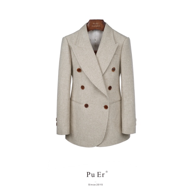 璞迩奶茶色双排扣羊毛单西