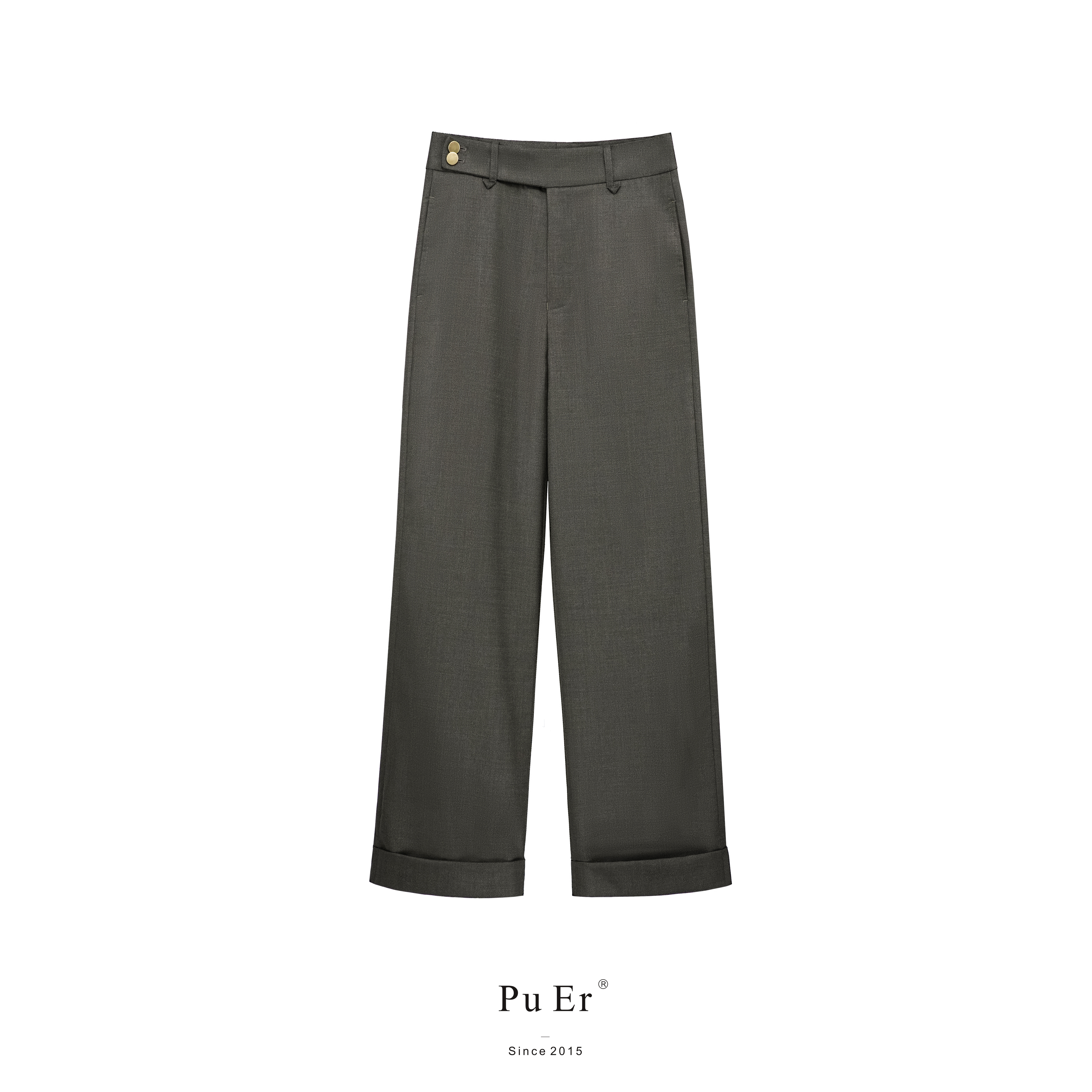 璞迩深棕绿肌理羊毛小翻边直筒裤