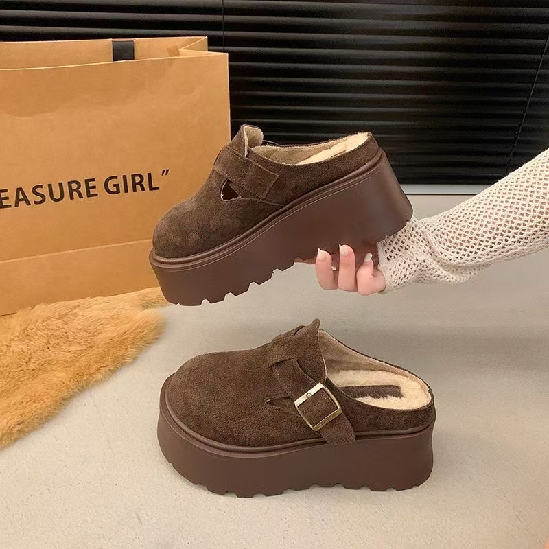 2024新款厚底勃肯鞋半拖女秋冬加绒博肯外穿一脚蹬包头半拖鞋棉拖