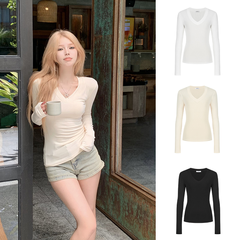 设计感小众正肩V领长袖T恤女春秋内搭打底衫
