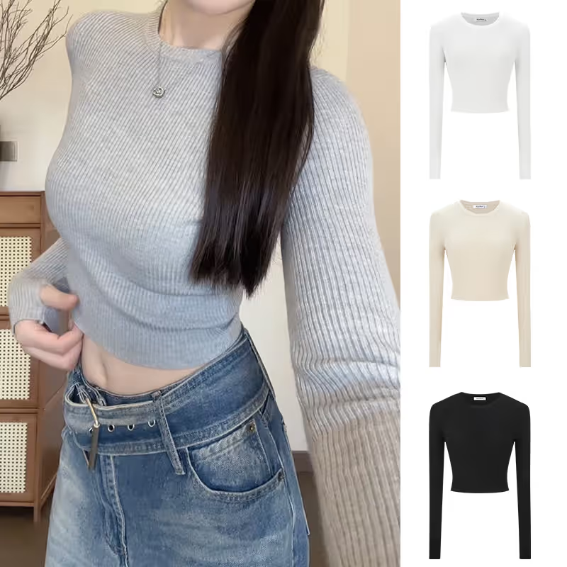 MosesQueen/魔西女王 美式针织短款上衣设计感指洞修身露腰打底衫