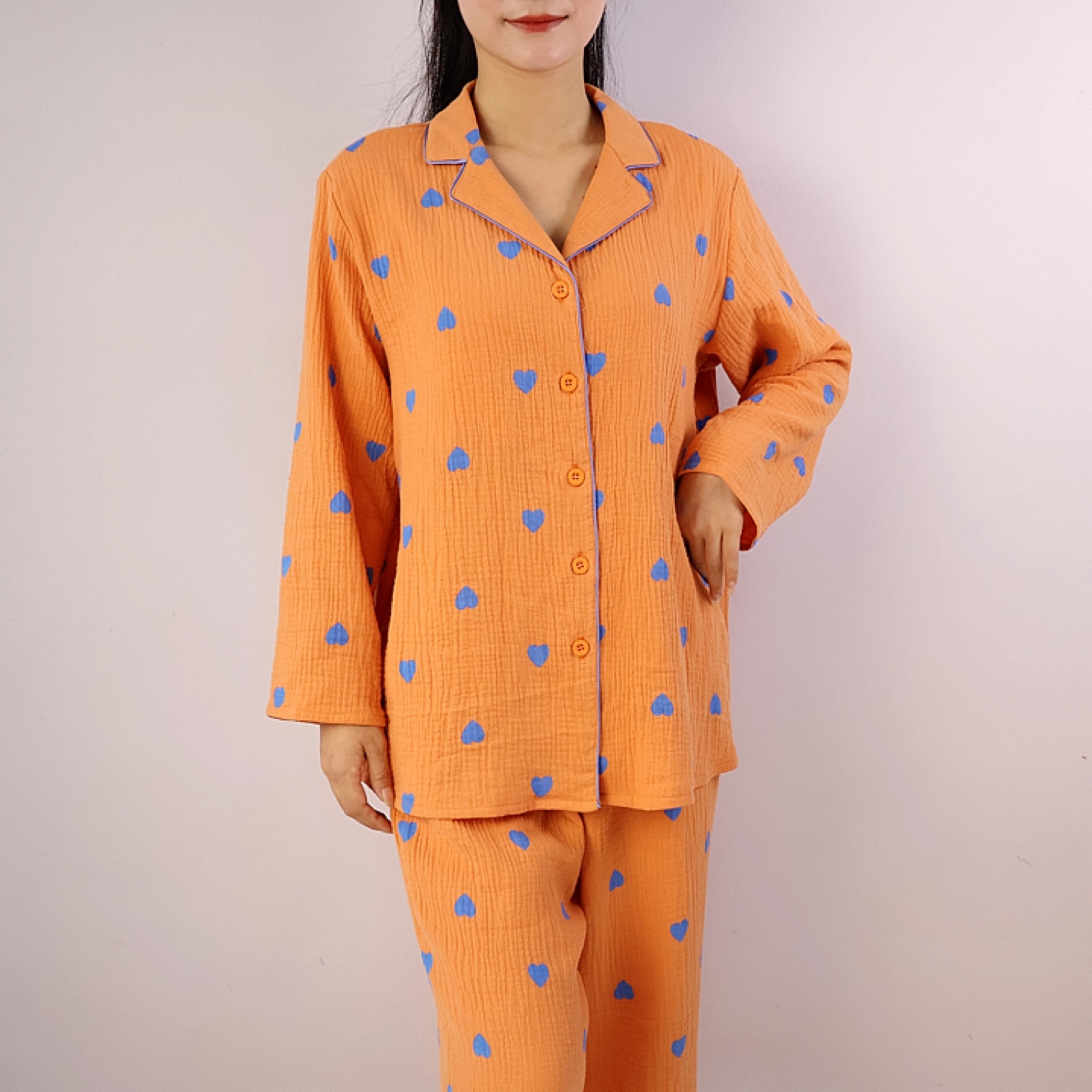 100%棉双层绉绉纱睡衣套装春秋透气吸湿全棉长袖家居服套装21233