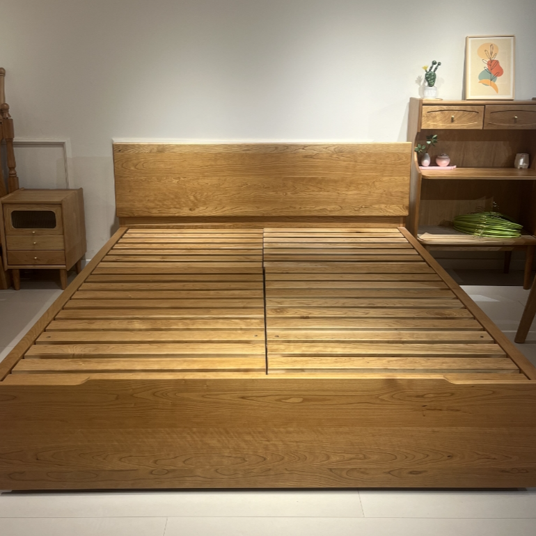 实木樱桃木箱体床原木实木床简约北欧风格主卧高箱床储物大床家用