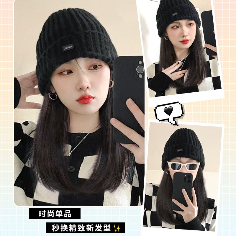 帽子假发女长发新款秋冬季全头套仿真发一体时尚锁骨发爆款针织帽