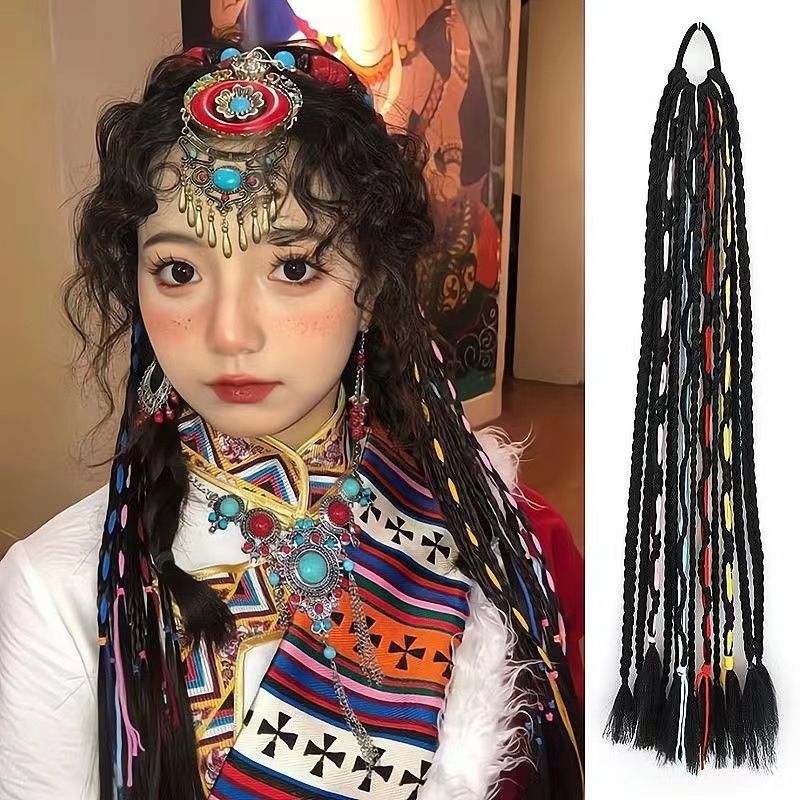 假发辫子麻花辫西藏族藏式假发片女可扎马尾仿真彩绳民族风双马尾